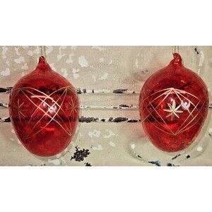 Vintage Pair of Ruby Red Glass Christmas Tree Ornaments w/ Gold Detailing